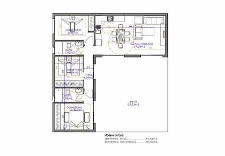 Modelo Europa de Oikos Viviendas, casa modular prefabricada de hormigón de 80 m² con 3 dormitorios y 2 baños — imagen 3