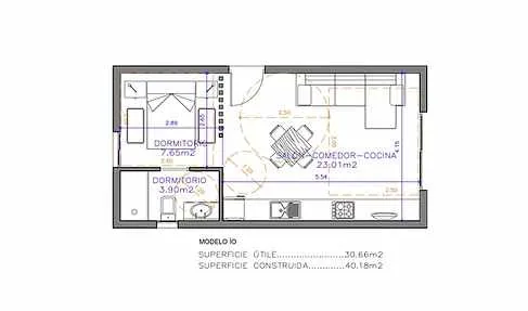 Modelo Ío de Oikos Viviendas, casa modular prefabricada de hormigón de 43 m² con 1 dormitorio y 1 baño — imagen 4