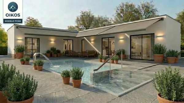 Modelo Titán de Oikos Viviendas, casa modular prefabricada de hormigón de 98,27 m² con 3 dormitorios y 2 baños — imagen 1