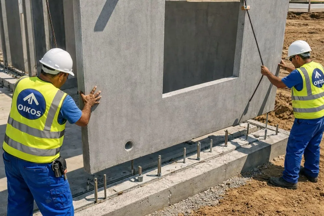 Ajuste sobre cimentación — montaje de vivienda modular de hormigón Oikos Viviendas