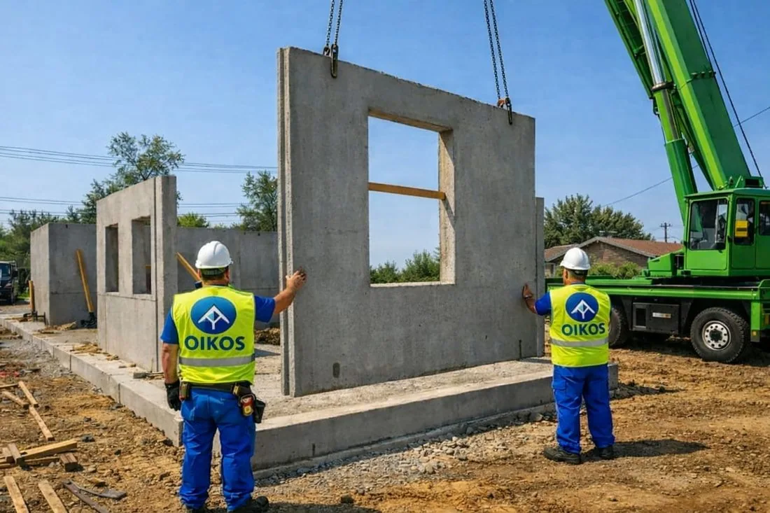 Montaje con grúa — montaje de vivienda modular de hormigón Oikos Viviendas