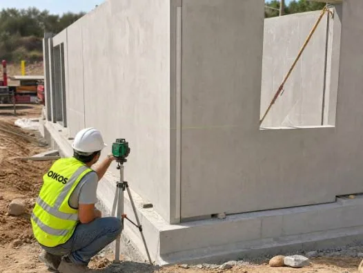 Nivelado láser — montaje de vivienda modular de hormigón Oikos Viviendas
