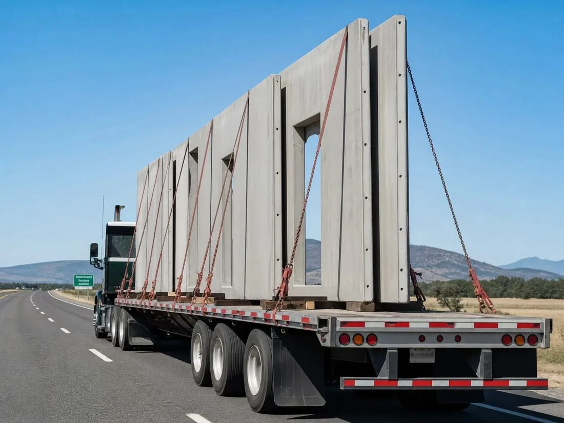 Transporte de paneles — montaje de vivienda modular de hormigón Oikos Viviendas