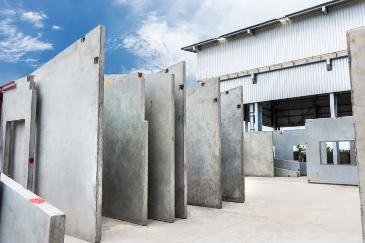 Paneles de hormigón prefabricado terminados en fábrica, listos para transportar a obra