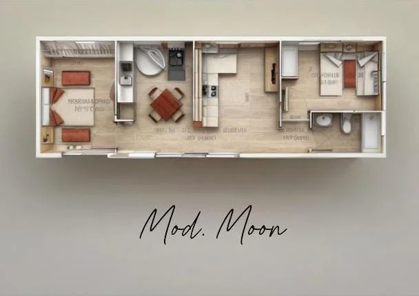 Plano del modelo Moon de Oikos Viviendas: 53,25 m² con 2 dormitorios, 1 baño y salón-cocina